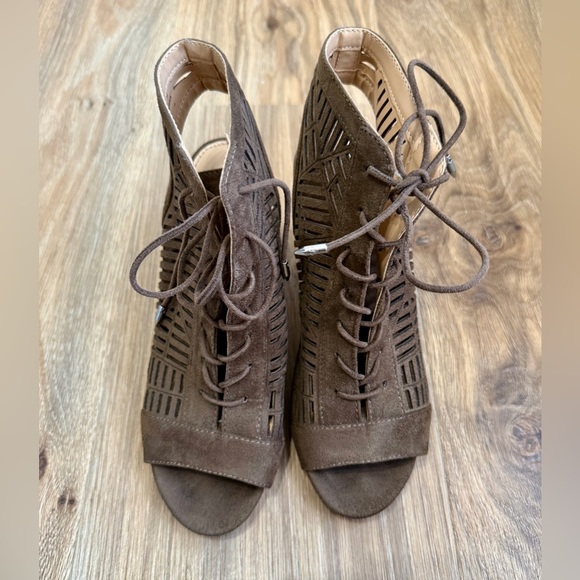 SAM EDELMAN Rocco US 6.5M Brown Suede Cloth Lace Up Sandal Round Chunk Heel EUC - Picture 5 of 5